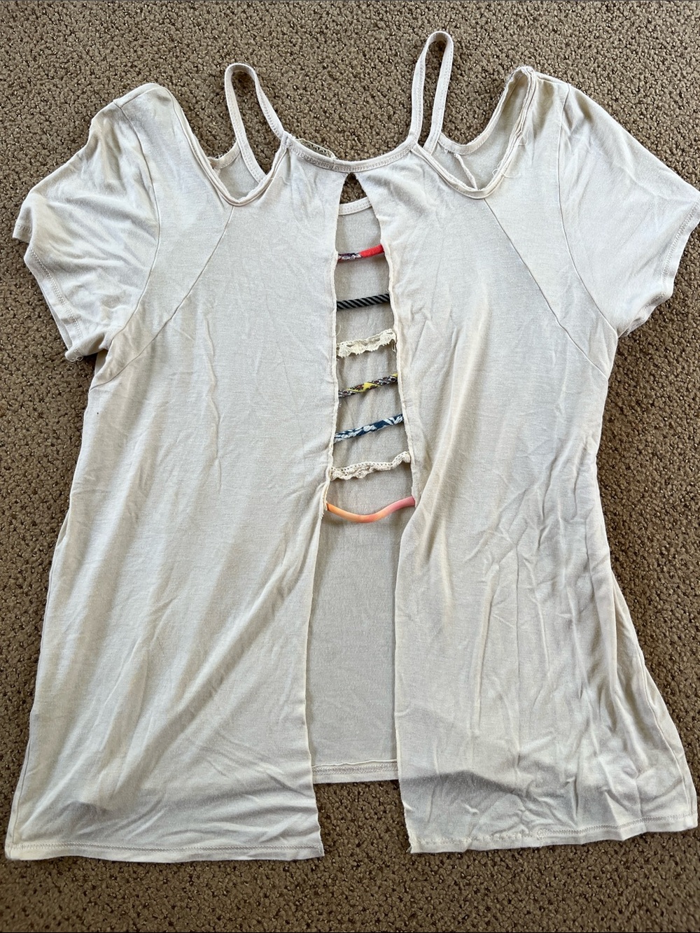 gimmicks by BKE Cream Short Sleeve Top with Colorful Ladder Back